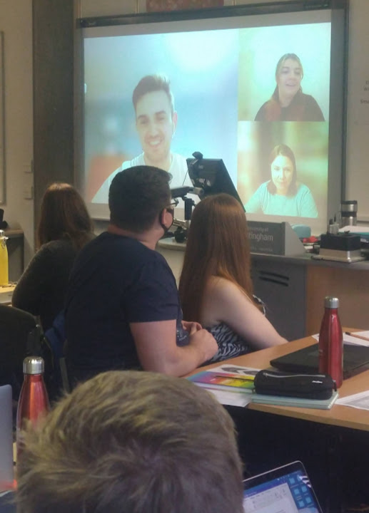 UoNSoEHistory's tweet photo. This morning, last year's #history #PGCE students had some reassuring words for this year's cohort.  Great to have @ASizerHistory and @Hall97Mr make a remote visit to our @UoN_ITE session (whilst in reality probably teaching year 7 or something!) https://t.co/ZJUWwbMUHC