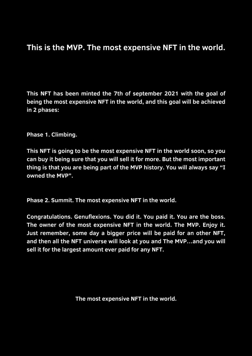 🎯 SOLD! TheMVP has a new owner! Started the climbing🧗🏻. 🏔Summit: The Most Expensive #NFT in the World 🔝

Who is the next? #nftcollector #TheMVP