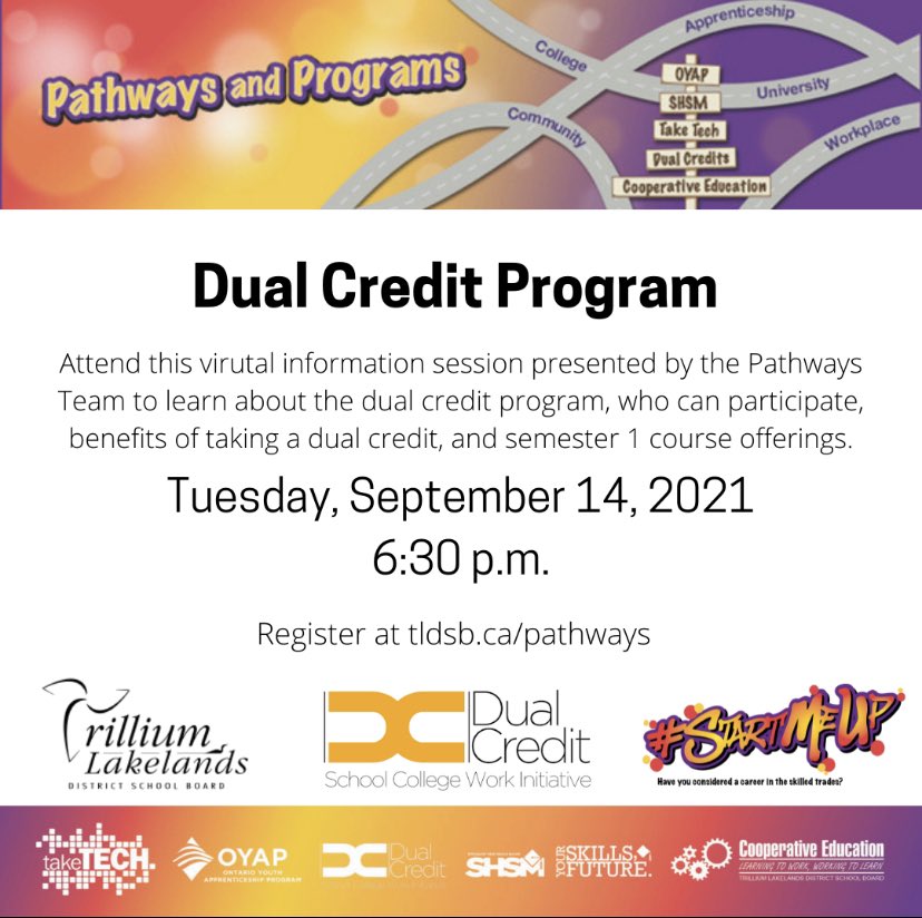 TLDSB_Pathways's tweet photo. Join the @TLDSB Pathways Team for a virtual info session Tuesday at 6:30pm to learn about the amazing learning opportunities for gr 11/12 students! See info ⬇️#startmeuo #dualcredits #SCWI https://t.co/D0I2H6lNiU