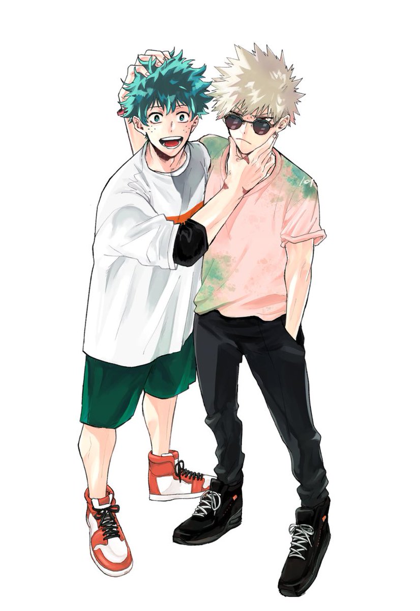 bakugou katsuki ,midoriya izuku multiple boys 2boys male focus green hair hand in pocket shirt blonde hair  illustration images
