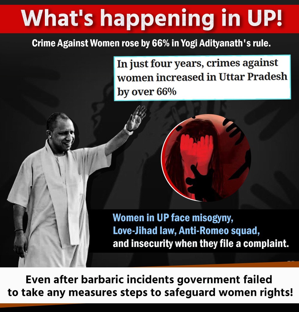 Crime Against Women rose by 66% in Yogi Adityanath's rule.

Women in UP face misogyny, Love-Jihad law, Anti-Romeo squad, and insecurity when they file a complaint. 

Even after barbaric incidents government failed to take any measures steps to safeguard women rights!