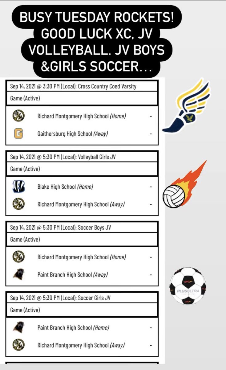 RMathleticboos1's tweet photo. Busy Tuesday!  Good luck RM XC, JV/V Girls Volleyball, JV/V Girls and Boys Soccer Teams!  @TheTideSports @RocketsVBALL @CoachWijeratne @RMCheerleaders @RMRocketsAD @_david_warren @coachdrogers @rmhs_soccer @Rocket__Nation https://t.co/3xa6cWSIB5