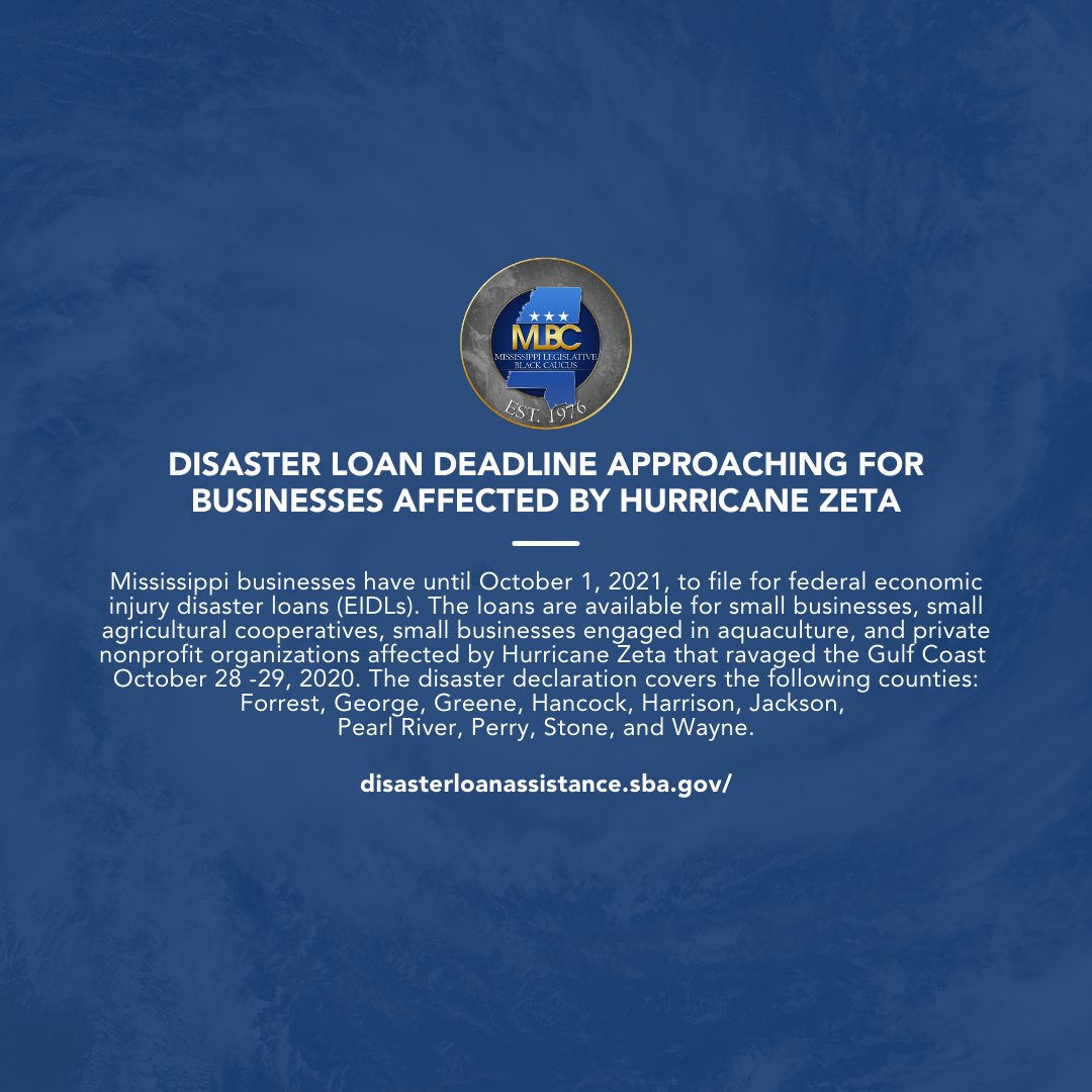 mlbcofficial's tweet image. Mississippians may apply for declaration #16835 online using the Electronic Loan Application (ELA) through SBA’s website. The deadline is October 1. #hurricanezeta #eidl #msleg