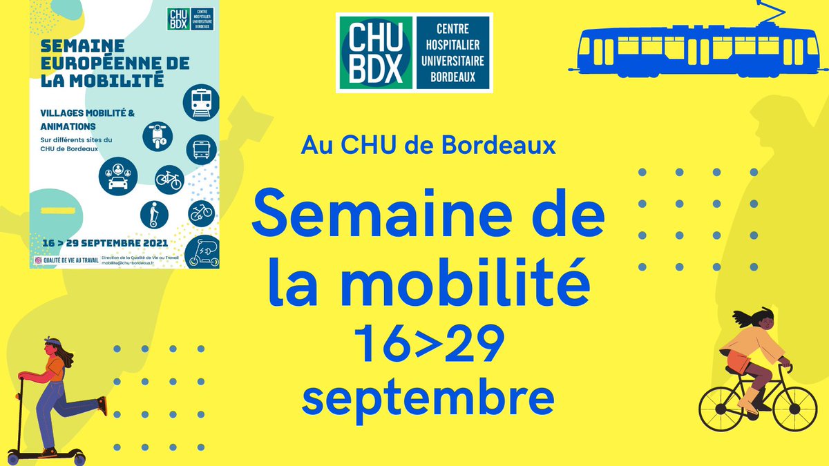 [20ème édition de la Semaine de la #Mobilité] le <a href="/CHUBordeaux/">CHU de Bordeaux</a> vous donne RDV du 16/09 au 29/09 pour des animations Découvrez les nouveautés de la rentrée, faire le plein d’infos sur les solutions alternatives à la #voiture seule et profiter des ateliers.
ℹ️bit.ly/393QENN