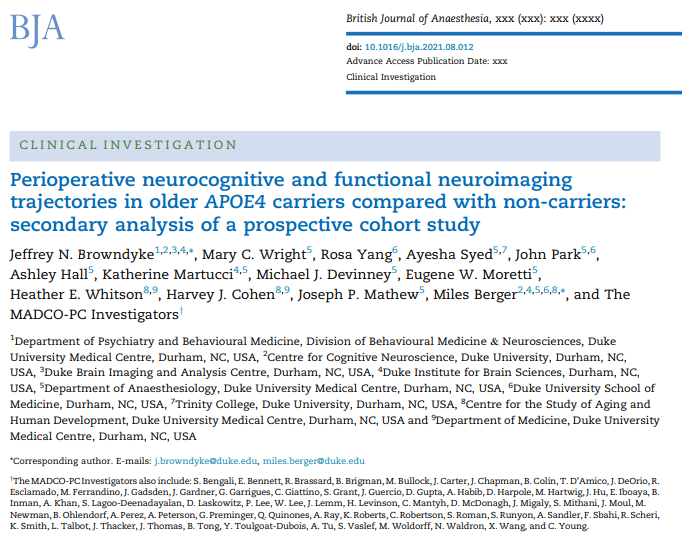 new work from our team on cognitive &amp; AD-related biomarker trajectories among APOE4 carriers vs non-carriers, from before to after major non-cardiac surgery in older adults: sciencedirect.com/science/articl…
