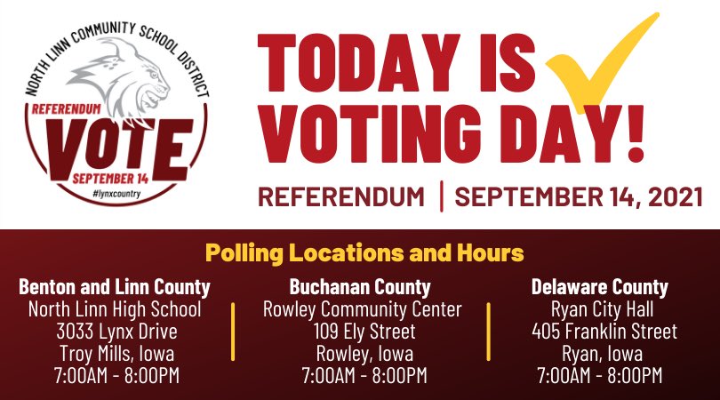NorthLinnLynx's tweet photo. IT'S #VOTINGDAY! Thank you for taking the time to learn more about the needs at North Linn Community School District. Thank you for making a plan to vote today. To learn more, visit >https://t.co/NrhETWooHw https://t.co/gUjOltIvcd