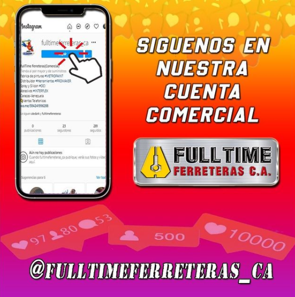 Síguenos en Nuestra Cuenta Comercial en Instagram "fulltimeferreteras_ca" donde estaremos publicando, concursos, promociones, información sobre nuestra variada mercancía. Síguenos te esperamos.

#cuentanuevaoficial #cuentadeinstagram #instagram #siguenos #mayorista #Venezuela