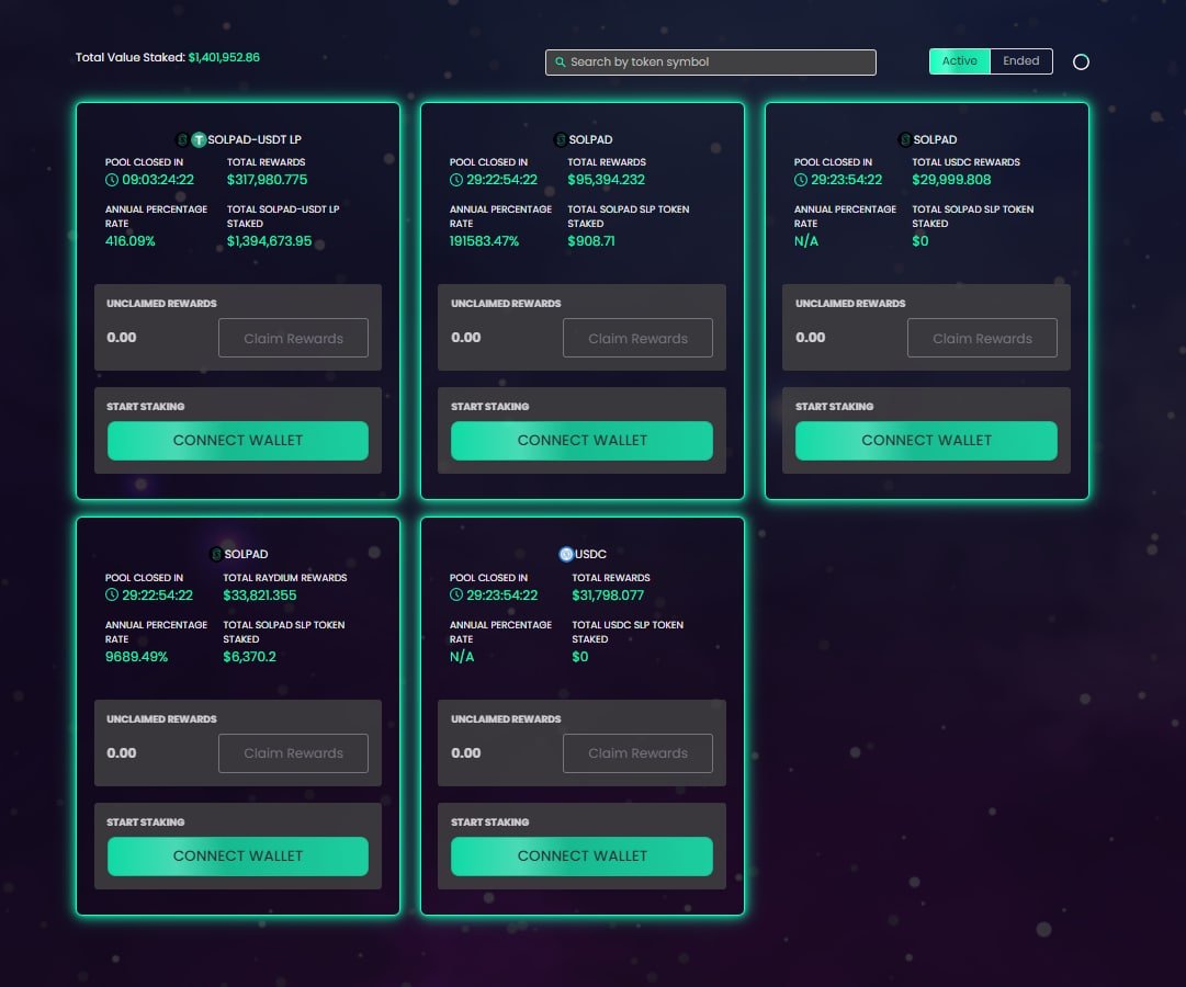 New Staking Pool for $SOLPAD is up. Stake your $SOLPAD tokens to earn rewards!

This time, there will be 4 Single-asset staking pool for $SOLPAD holders.

Go to solpad.finance/staking to stake your tokens! Enjoy!!!