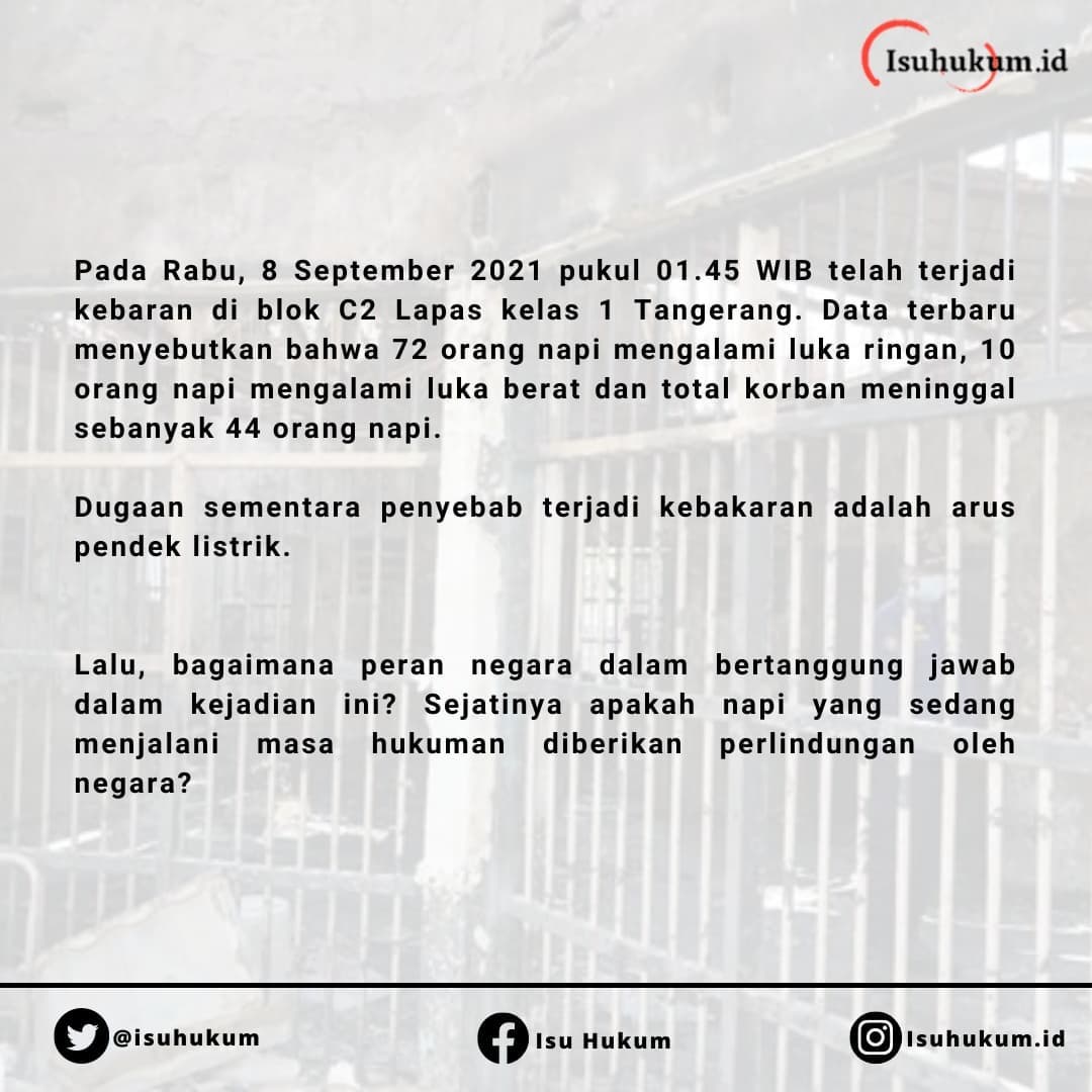 isuhukum's tweet photo. Tanggung Jawab Siapa?
.
Kali ini Tim membahas terkait kasus kebakaran lapas Tanggerang Kelas 1 untuk para #ngisu , Bagaimana pendapat kalian? Tulis di komen ya
.
Keep learning and doing UPS! Don't forget to sharing
.
#lapastangerang #kebakaran #kebakaranlapastangerang https://t.co/mL0kxcY0qt