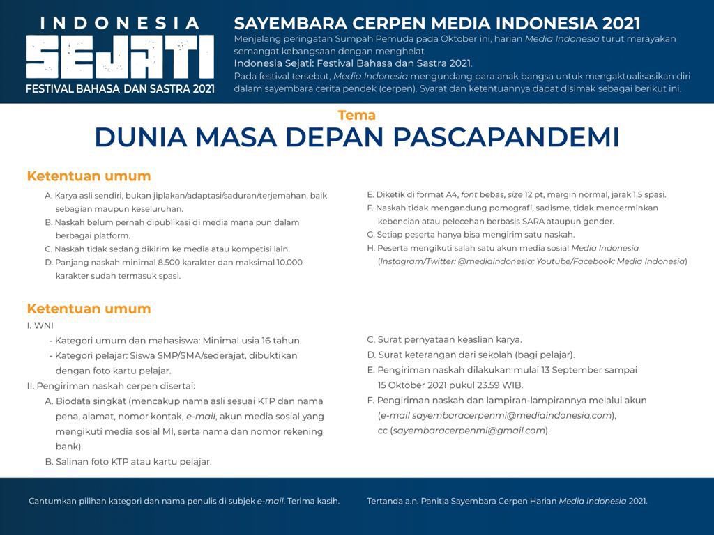 Damhuri Muhammad على تويتر Sekali Lagi Meneruskan Detail Info Sayembara Cerpen Yang Digelar Oleh Teman2 Mediaindonesia Siapa Tahu Berminat Infosastra Jurubaca Bambycahyadi Sarasdewi 1bichara Indrajpiliang Iwanjaconiah Dedyriyadi Arafat Nur