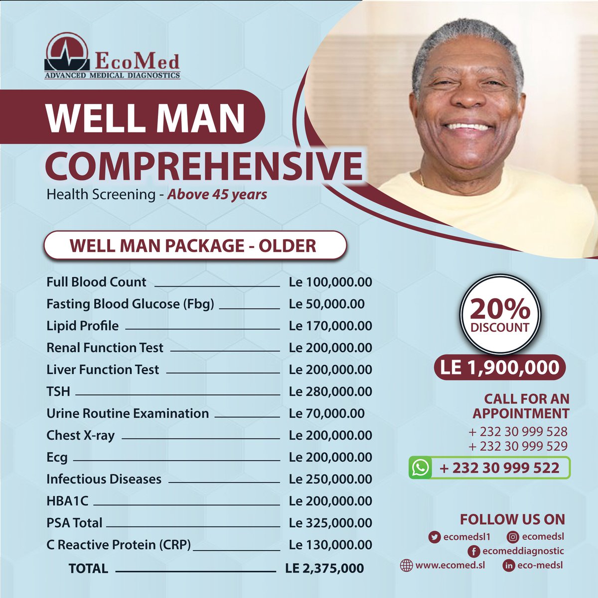 ecomedsl1's tweet photo. Our Well Man Package Older is still available for bookings. Send us a WhatsApp message today to secure your spot. 

Healthy Life | Wealthy Life with #EcomedSL https://t.co/QHfDNmbvud