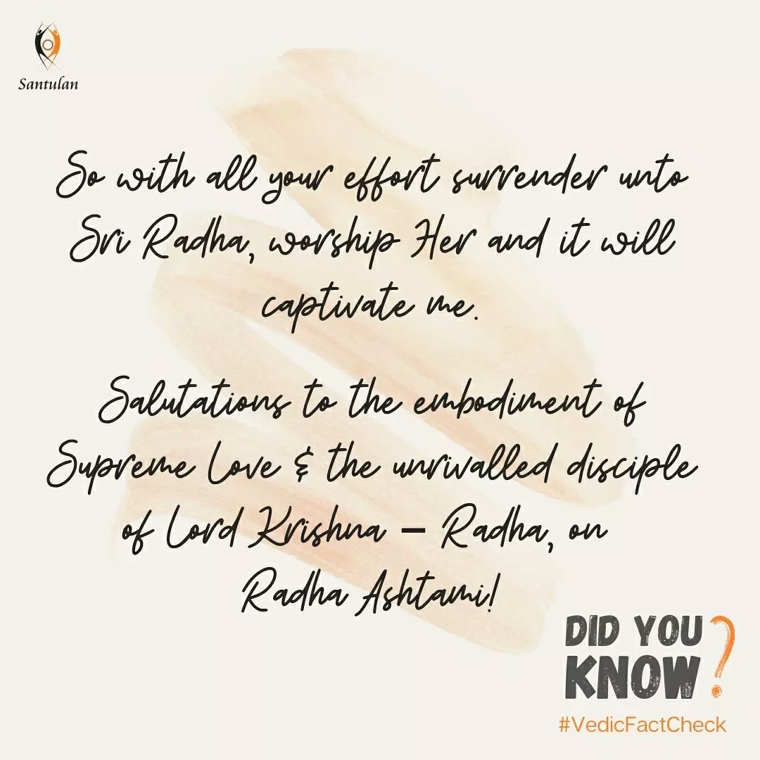 djjssantulan's tweet photo. Radha - the unparalleled disciple of #LordKrishna, became the embodiment of supreme love &amp; an #inspiration for all with Her devotion, penance, sacrifice &amp; determination!

On the occasion of #RadhaAshtami, check out what Shri Krishna says about Her! - VedicFactCheck

#RadheShyam https://t.co/vd1FFQ4pQJ