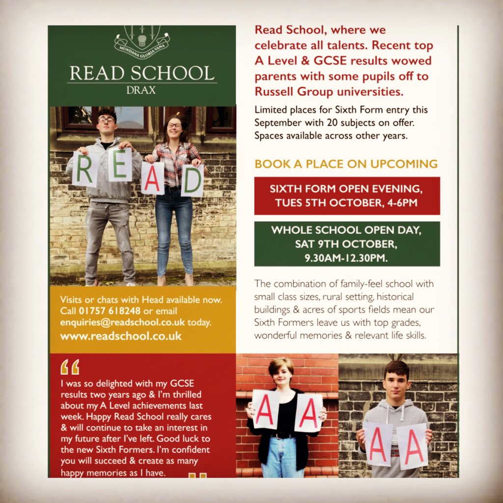 Read_School's tweet image. !!!Book a place on our upcoming Open Days!!! Please RT. Don’t just read about Read; come &amp;amp; visit. A unique educational setting, pupils come back to share their successes. Call 01757 618248 or email enquiries@readschool.co.uk #qualityeducation #bespokelearning