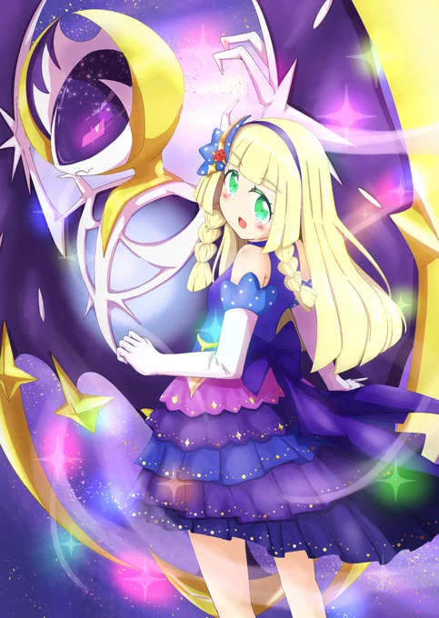 新衣装のリーリエ&ルナアーラを描きました。#ポケマスEX #ポケマスアート 