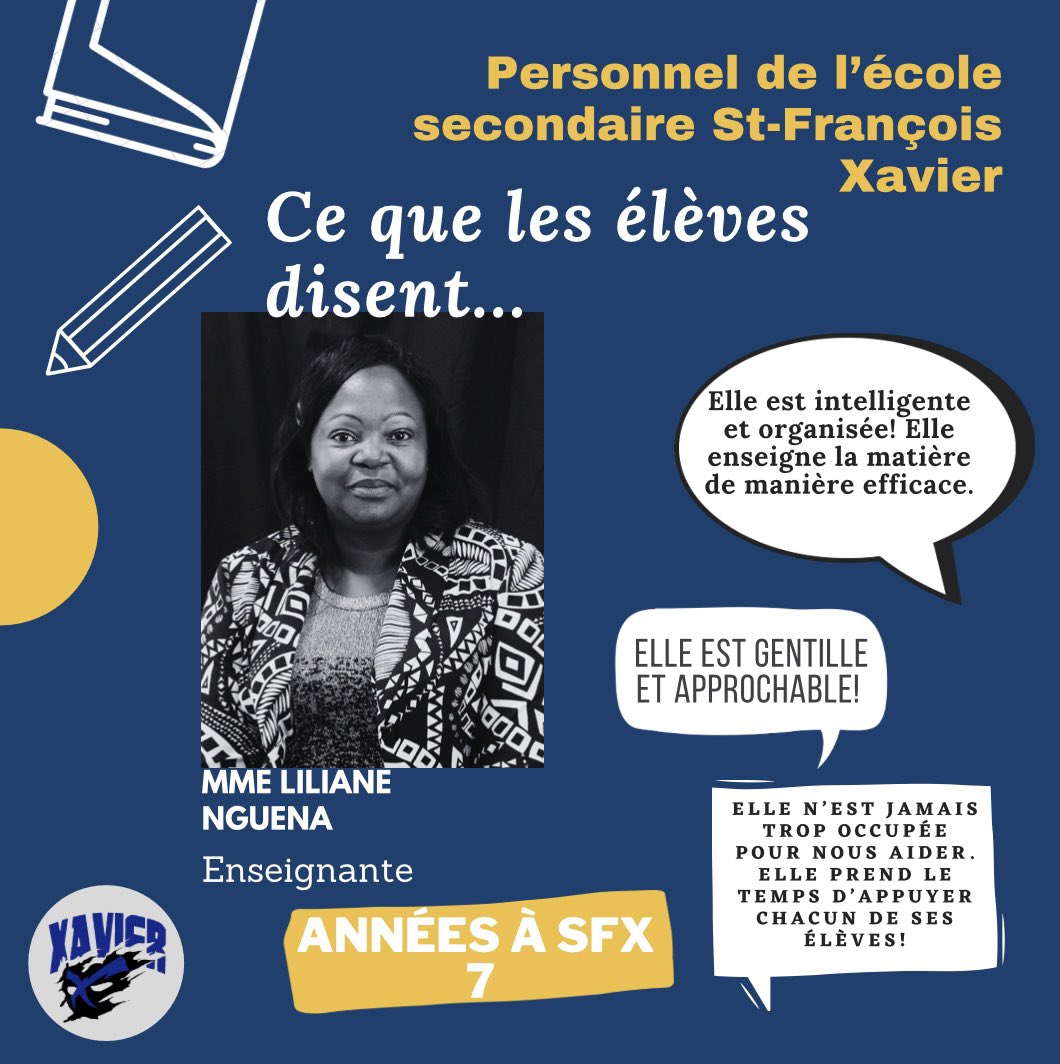 ⚔️Nous voulons vous présenter nos membres du personnel d’après ce que les élèves disent!
 
Aujourd’hui nous vous présentons M Mickie Oetelaar, Mme Ginette Andreson, Mme Caroline Moreault, Mme Liliane Nguena⚔️
<a href="/CscProvidence/">Csc Providence</a> 
<a href="/ESCStFXavier/">École secondaire catholique Saint-François-Xavier</a> 
@leschevaliersdesfx