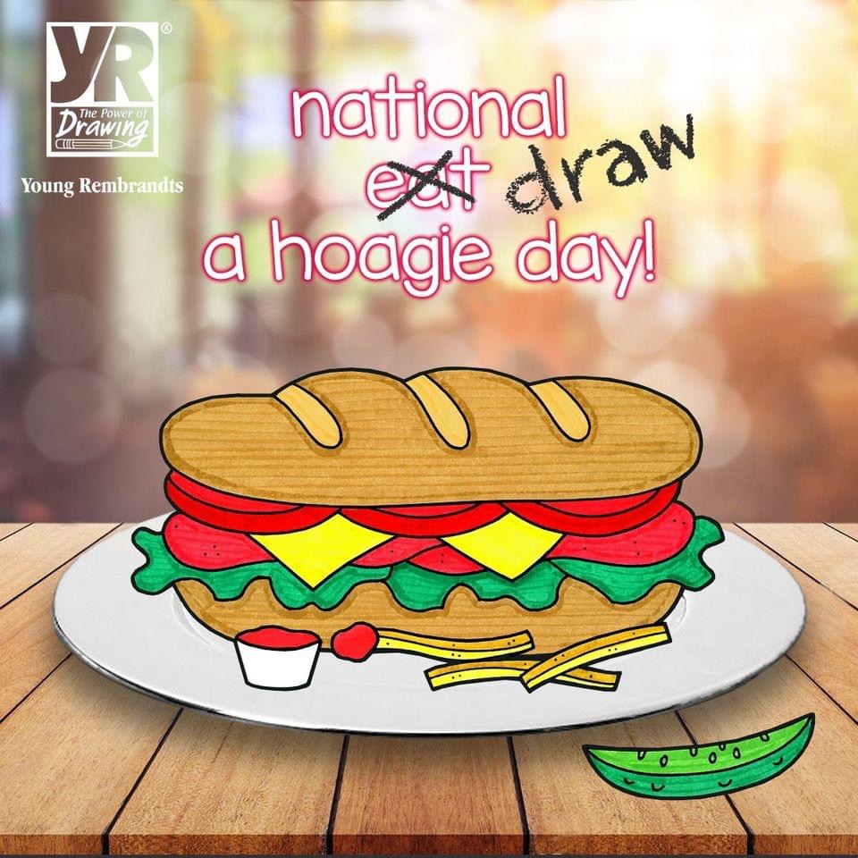 Do you know what a hoagie is? A Hoagie is a submarine sandwich filled with Italian meats, cheeses, and other toppings. Would you eat one? #hoagie #nationaleatahoagieday #youngrembrandts #artclass #kids