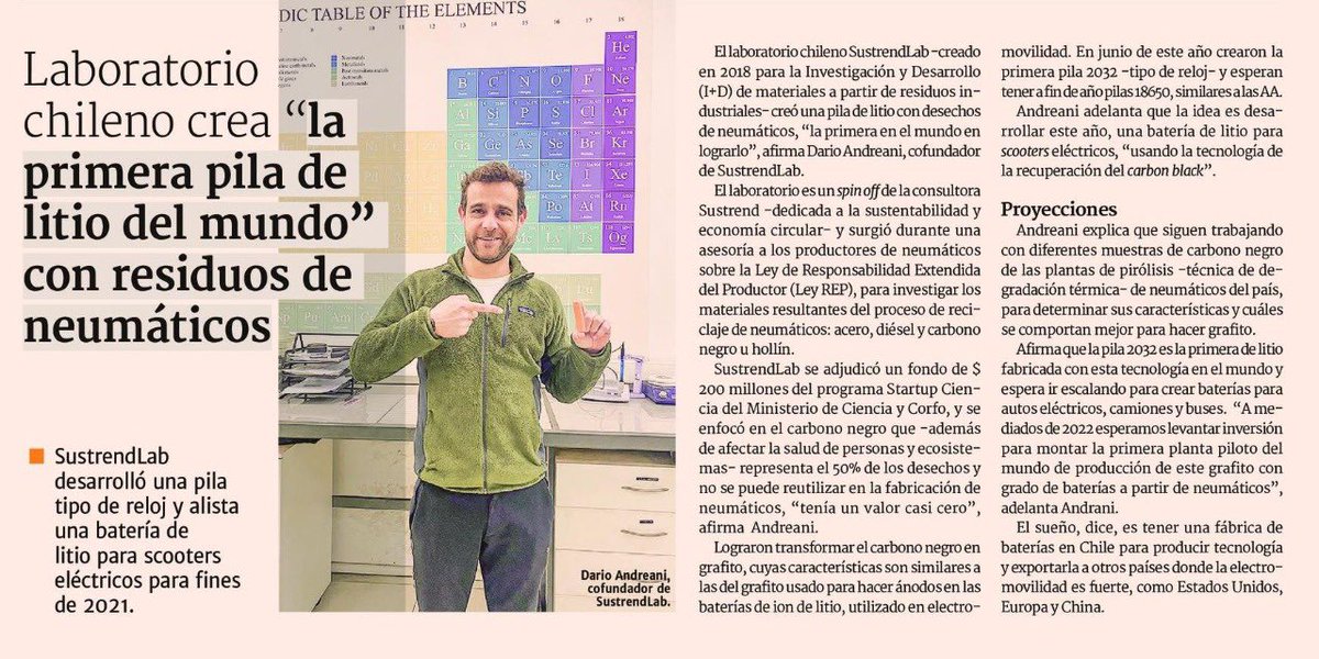 min_ciencia's tweet photo. 🗞️Hoy el @DFinanciero destaca a SustrendLab, iniciativa que pertenece a #StartupCiencia y que creó la primera pila 🔋 de litio del mundo a través de residuos de neumáticos. Te invitamos a conocer este tremendo emprendimiento de base científica-tecnológica 👇 https://t.co/APEaYPcuch