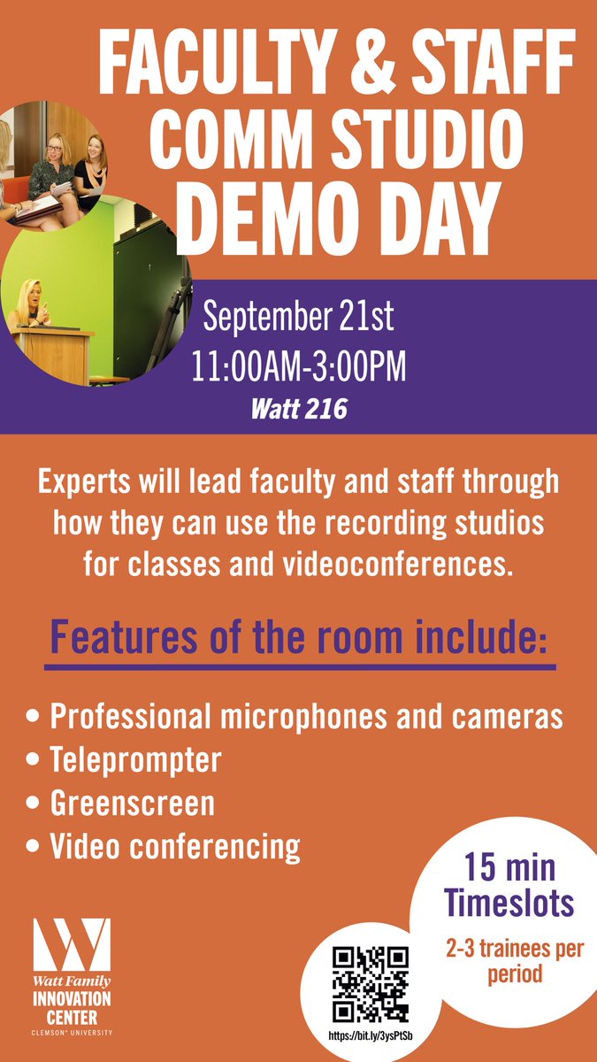 CU_CommCenter's tweet image. Calling all @ClemsonUniv faculty and staff!

The Comm Center will be hosting a Demo Day for our recording studio on September 21, from 11 a.m. to 3 p.m.

Sign up for a time slot to learn how you can use our space for your classes!