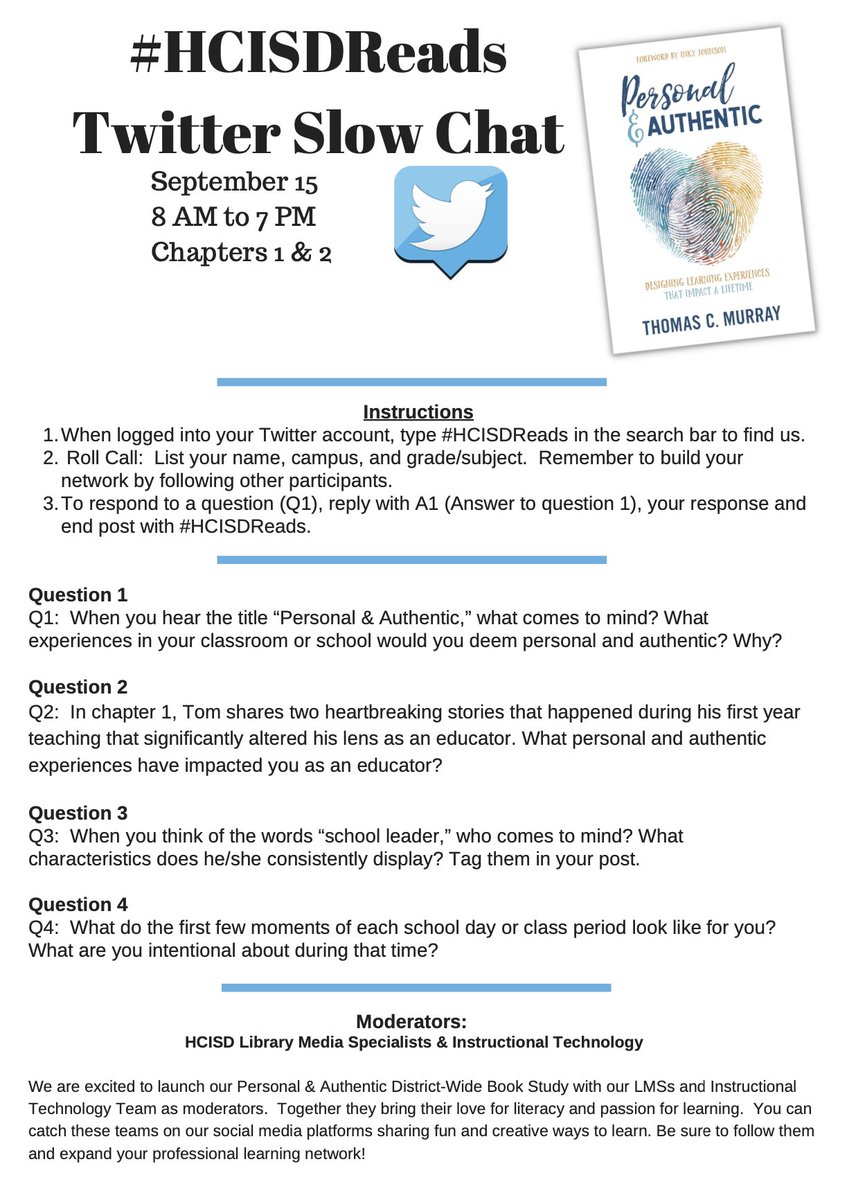 #HCISDReads District-Wide Book Study for Personal &amp; Authentic by <a href="/thomascmurray/">Thomas C. Murray</a> will be engaging in a Slow Twitter Chat 9/15 starting at 8:00AM. <a href="/HarlingenCISD/">HCISD</a> catch you on Twitter!