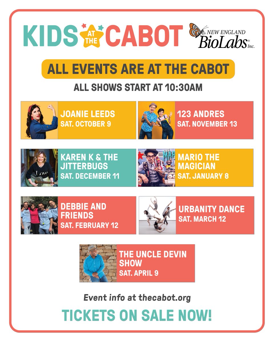 The_Cabot's tweet photo. All Kids at The Cabot shows are now on sale! Join us at The Cabot each month for a morning of fun for the whole family!
@joanieleeds @123conandres @KarenK_Music @MarioMagician @DebbieFriends @UrbanityDance @UncleDevinShow @NEBiolabs ⭐ Tickets &amp; info: https://t.co/2OzQXgaeoN https://t.co/4nGLjhzeK6