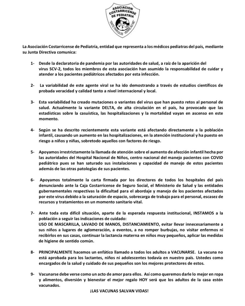 Asoc.Ped.CostaRica (@asopedcr) on Twitter photo Ante el aumento de niños y niñas afectados por el virus SCV-2, un llamado de atención a padres y encargados para que se VACUNEN. Los niños no pueden ser vacunados, los adultos SÍ. Serán su escudo + la medidas de protocolo y un acto de amor para ellos <a href="/CCSSdeCostaRica/">CCSSdeCostaRica</a> Ante el aumento de niños y niñas afectados por el virus SCV-2, un llamado de atención a padres y encargados para que se VACUNEN. Los niños no pueden ser vacunados, los adultos SÍ. Serán su escudo + la medidas de protocolo y un acto de amor para ellos <a href="/CCSSdeCostaRica/">CCSSdeCostaRica</a>