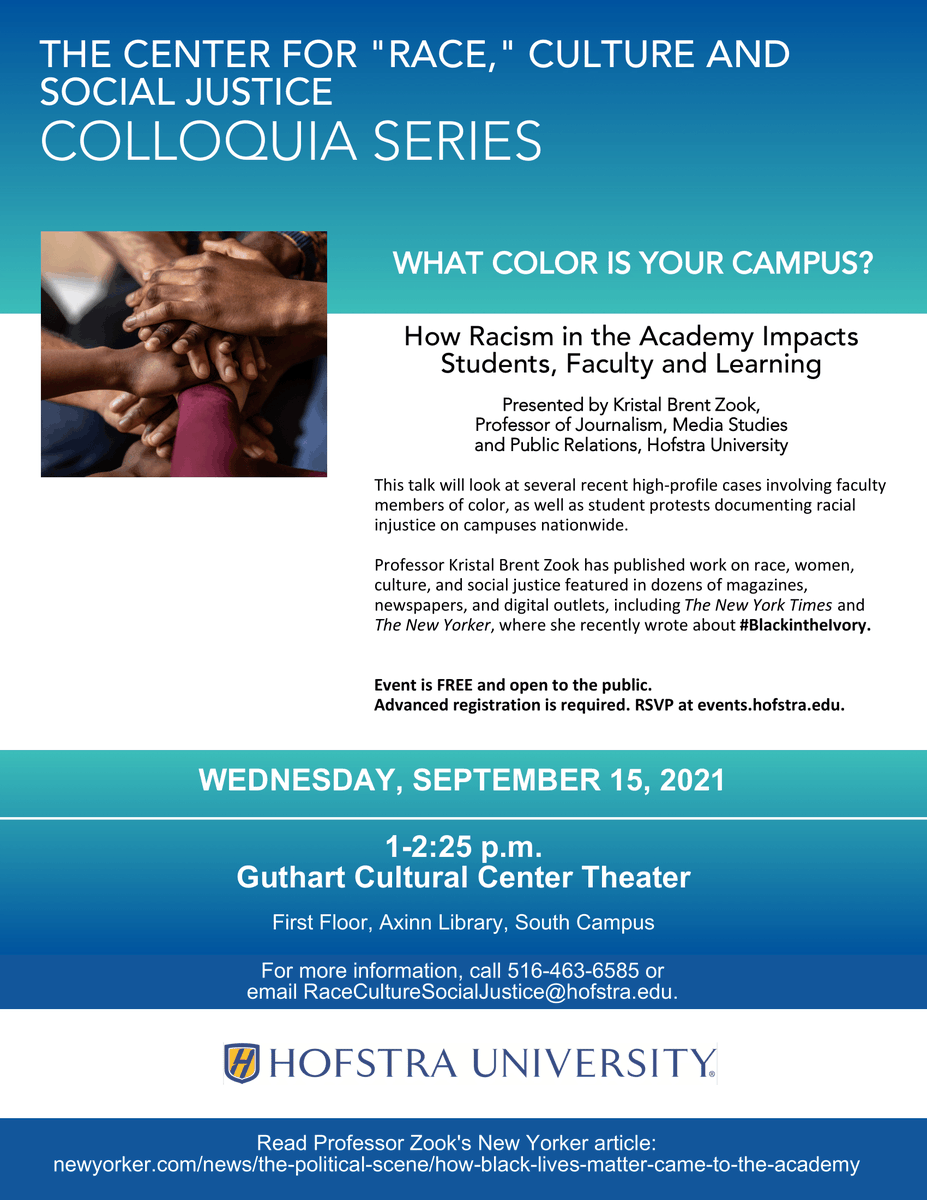 Today is the last day to RSVP for an important discussion on race and academia. Go to events.hofstra.edu to register. Join Kristal Zook TOMORROW at the Cultural Center Theater 1-2:25 p.m. President Poser will greet attendees at the start of the event!