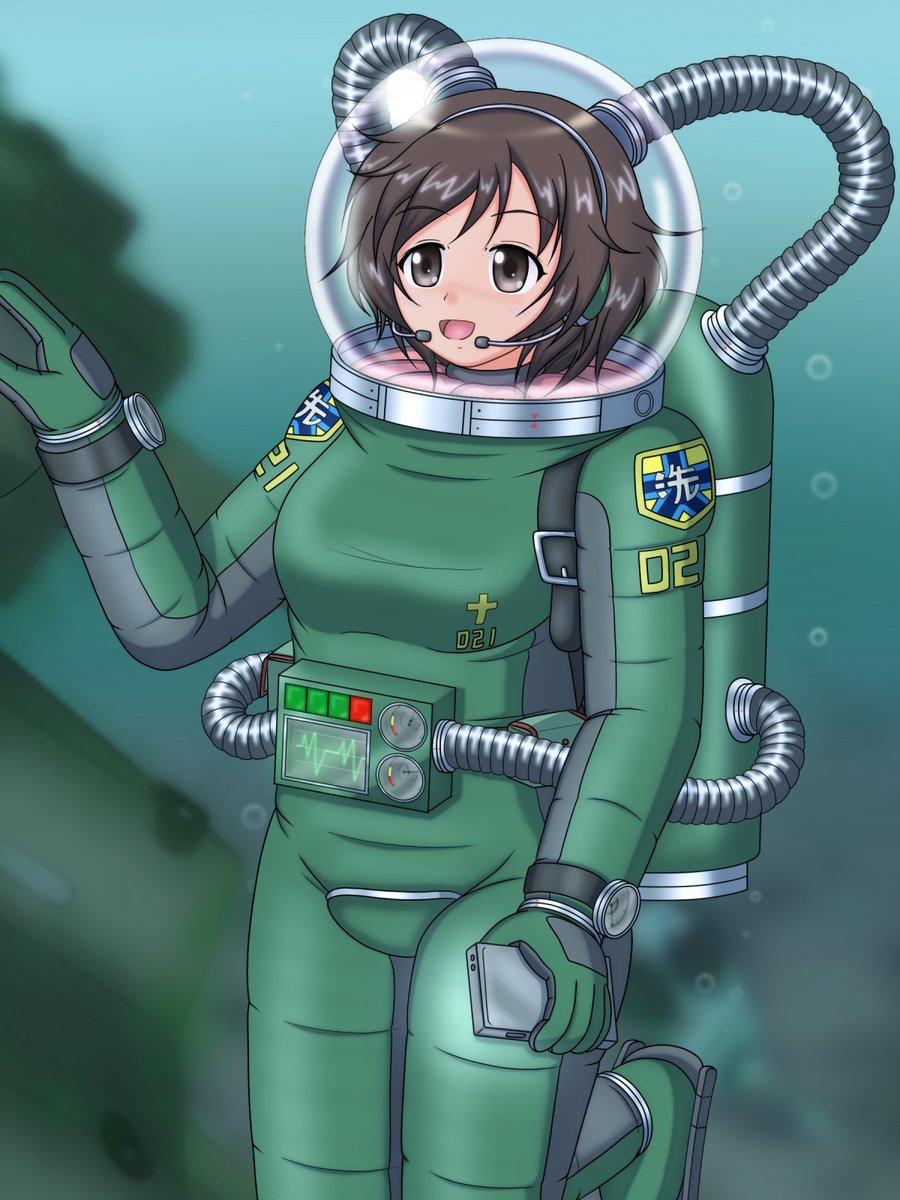 ガルパン未履修シリーズ第2弾、桃色じゃないけど桃色潜水服姿な秋山優花里ちゃんを描かせていただきました！
やはり好きなスーツなので描いていて楽しいですし、緑色の軍用っぽさが本スーツに似合い過ぎて我ながら萌えるものがありました、ご依頼有難うございました！