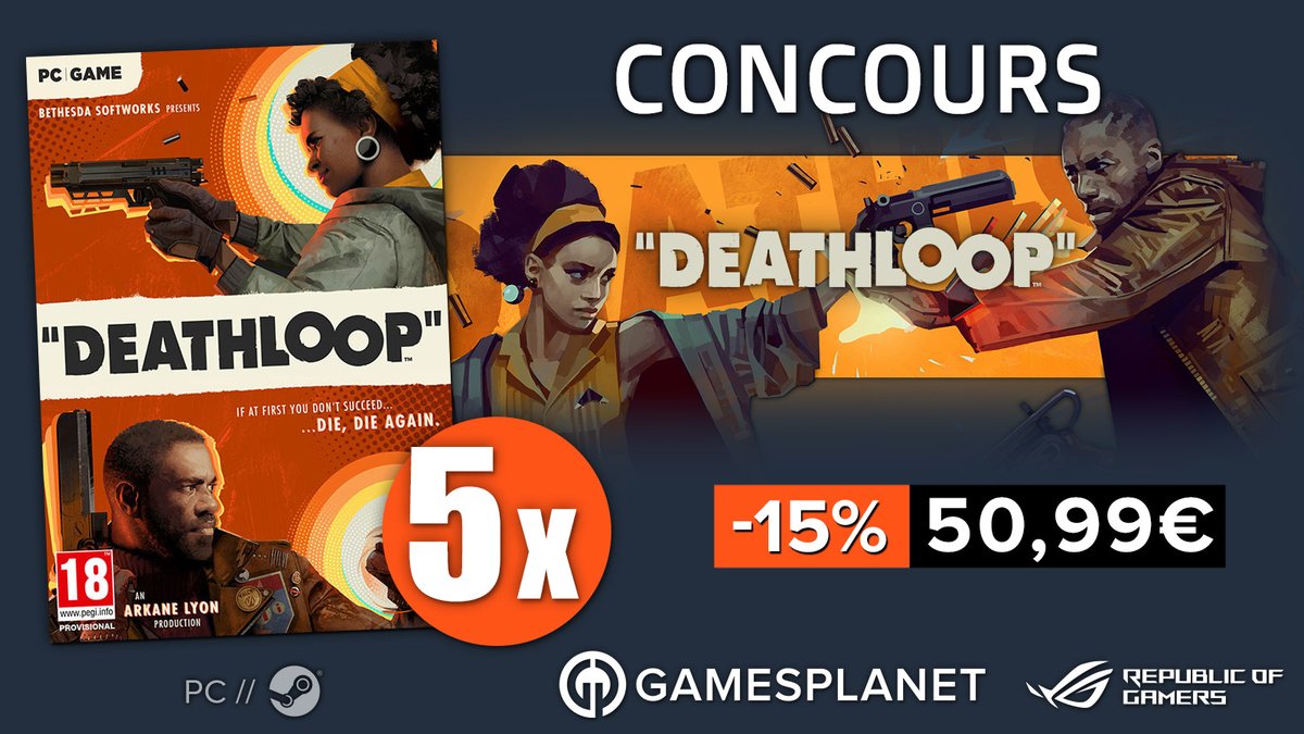 ASUS_ROG_FR's tweet image. 🎁 #CONCOURS on célèbre la sortie de #DEATHLOOP avec 5 jeux à gagner !
Pour participer :
🔹 Retweet cette publication
🔹 Follow @ASUS_ROG_FR &amp;amp; @GamesplanetFR 
🔴 Le jeu à -23% avec le code "ROG" 🤯👇
fr.gamesplanet.com/game/deathloop…
⏰TAS: 17/09/21