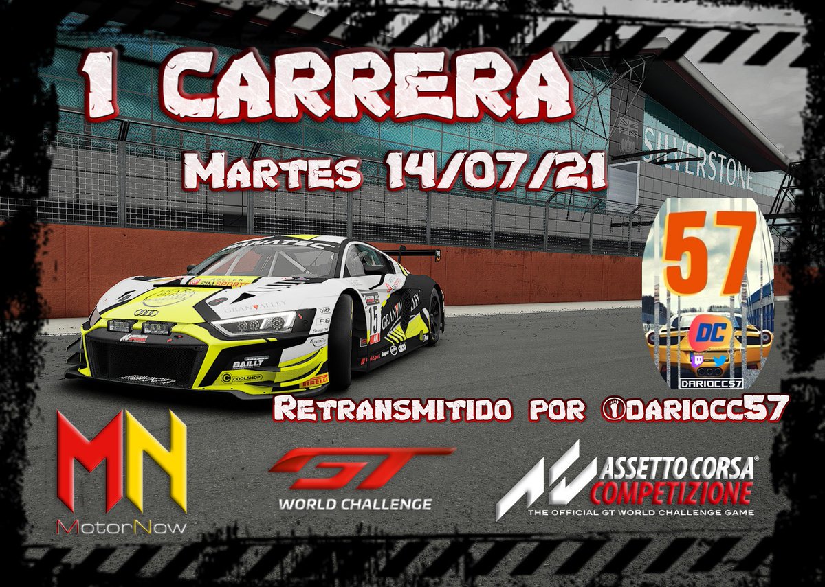 De vuelta!! Esta noche primera carrera con la gente de <a href="/motornownet/">MotorNow</a> ,nos faltan algunos SRC's que están de vacaciones, pero los demás con muchísimas ganas de empezar esta temporada con ellos! 
Esta noche en directo en el canal twitch de <a href="/dariocc57/">DarioCc57</a>
👇22:00
twitch.tv/dariocc57