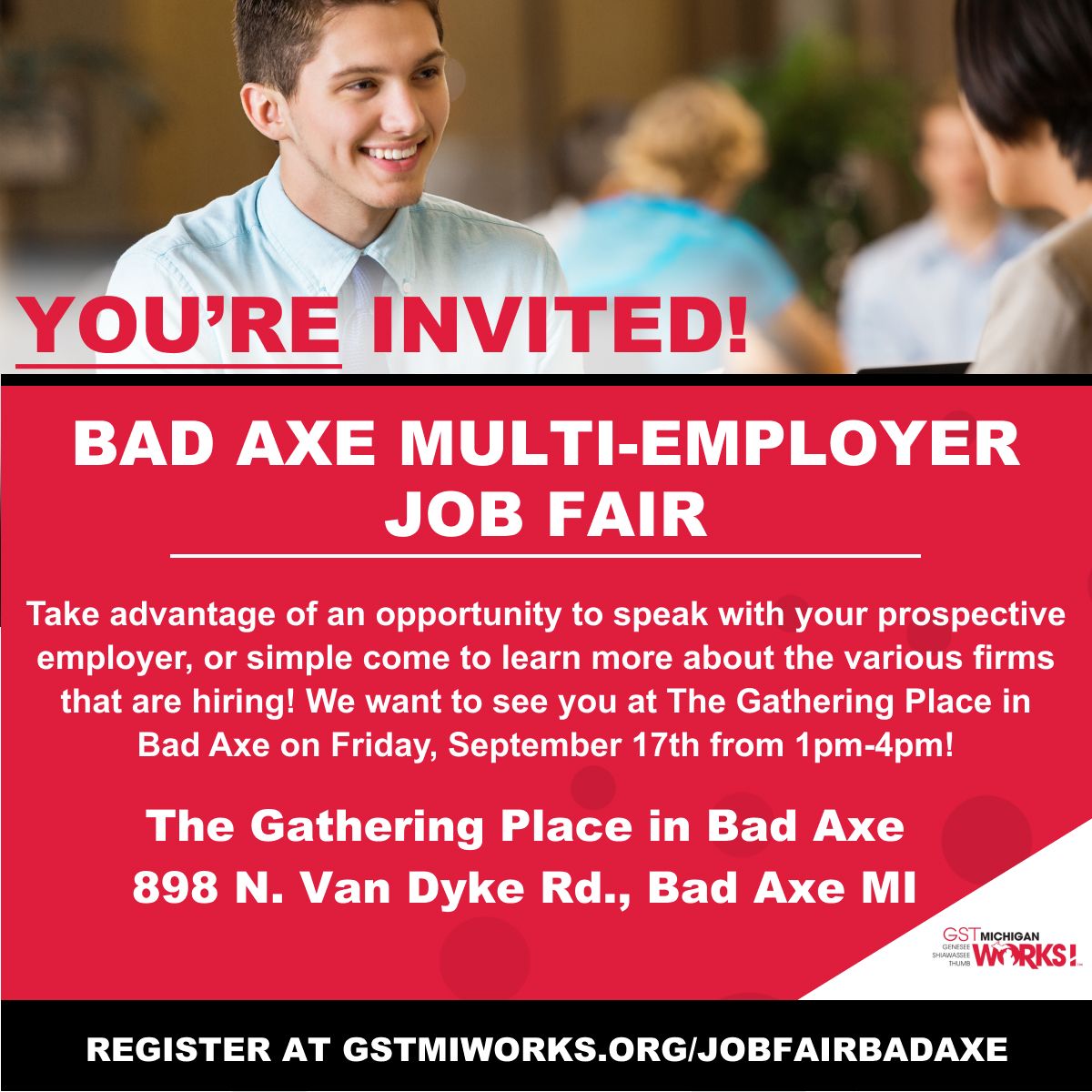 GSTMIWorks's tweet photo. GST Michigan Works! will be hosting 15 Employers for a hiring event at The Gathering Place in Bad Axe on Friday, September 17th from 1-4pm!
Bring your resume and be prepared to interview! https://t.co/Jfbi9eJo8m
#Back2WorkMI #gstjobs https://t.co/ZkrhhEMbqZ