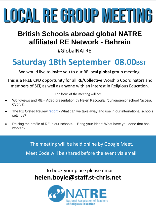 Helenboyle's tweet photo. Saturday 18th September is the next 'local group' meeting for the @NATRE affiliated global group #GlobalNATRE. @Gray14899675 @HKaccoufa @CatGarnett1 @SaimaSaleh_RE Are you or do you know anyone working in a British International school overseas who might like to join us? DM me. https://t.co/GzwBGhk6RL