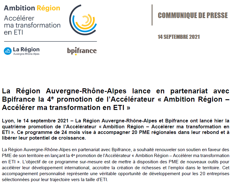 La Région <a href="/auvergnerhalpes/">Auvergne-Rhône-Alpes</a> lance avec <a href="/Bpifrance/">Bpifrance</a> la 4e promotion de l’#Accélérateur « Ambition Région – Accélérer ma transformation en ETI » 🚀.

👉 Découvrez les 20 entreprises régionales sélectionnées : bit.ly/3lkGe21