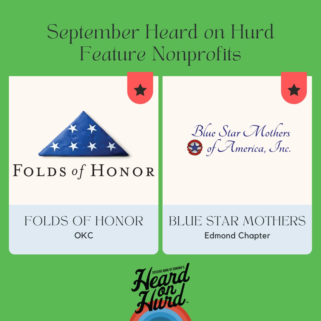 heardonhurd's tweet photo. We are excited to announce our Sep. Feature Nonprofits: Blue Star Mothers of America, Edmond Chapter and @FoldsofHonor OKC💙 
As we honor our nations service members this weekend, make sure to swing by their tents &amp; learn more about their missions! #JoinTheHurd https://t.co/oOPhjaTOjy