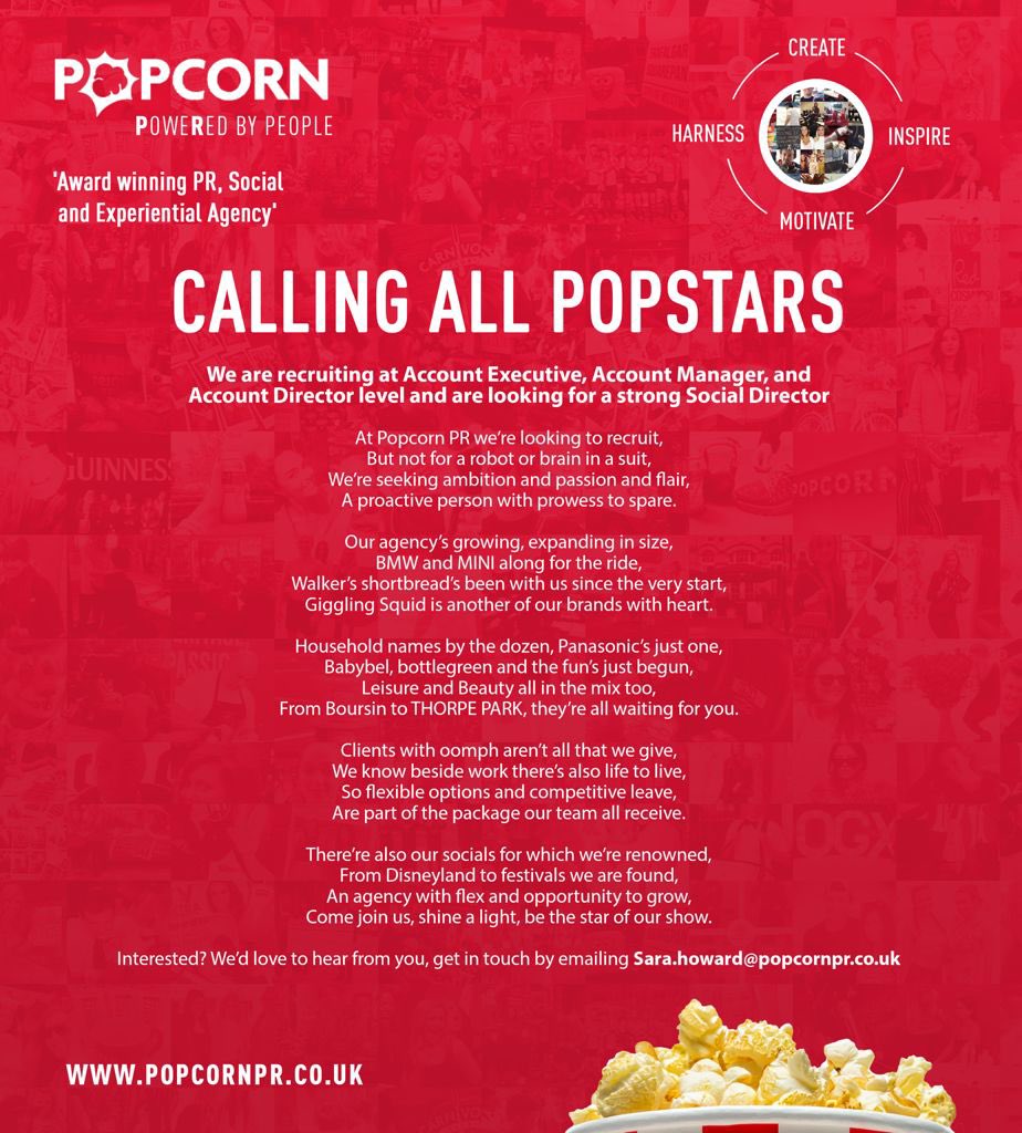 Calling all Popstars. We are recruiting at Account Executive, Account Manager and Account Director level, and are looking for a strong Social Director.