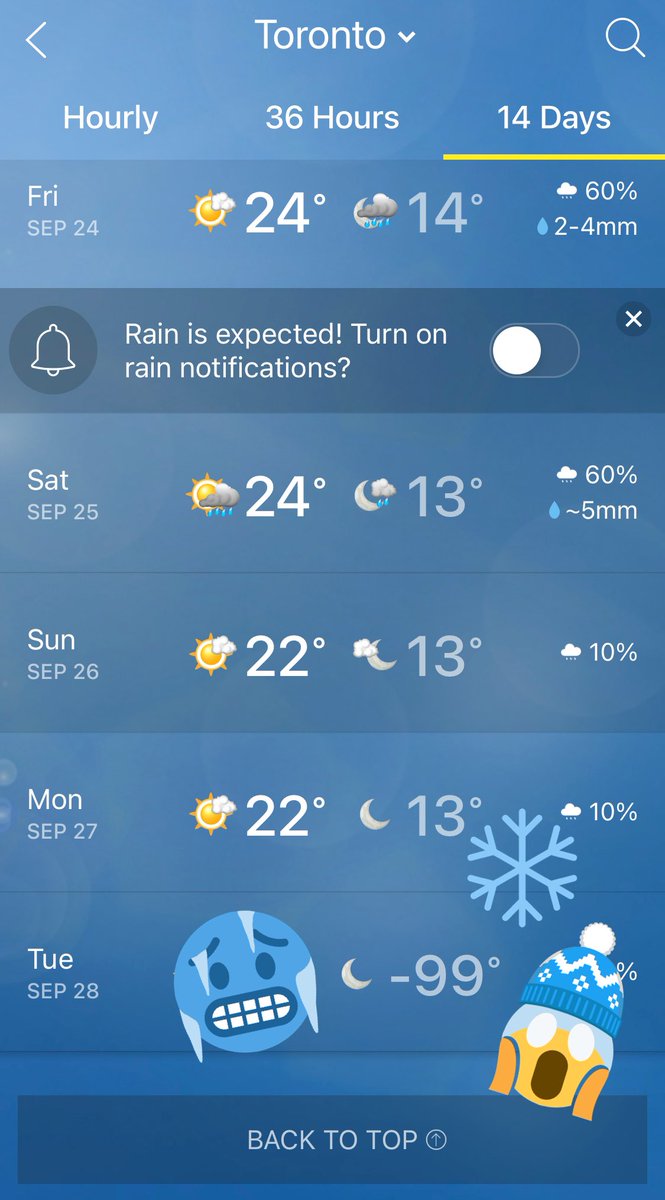 weathernetwork's tweet image. When we set out to launch our #FallForecast this morning, this isn’t what we had in mind 👇😱🥶

A glitch in our forecast data has winter arriving in southern Ontario a bit sooner than we anticipated 😅 We’re working on a fix and appreciate your patience 🙏