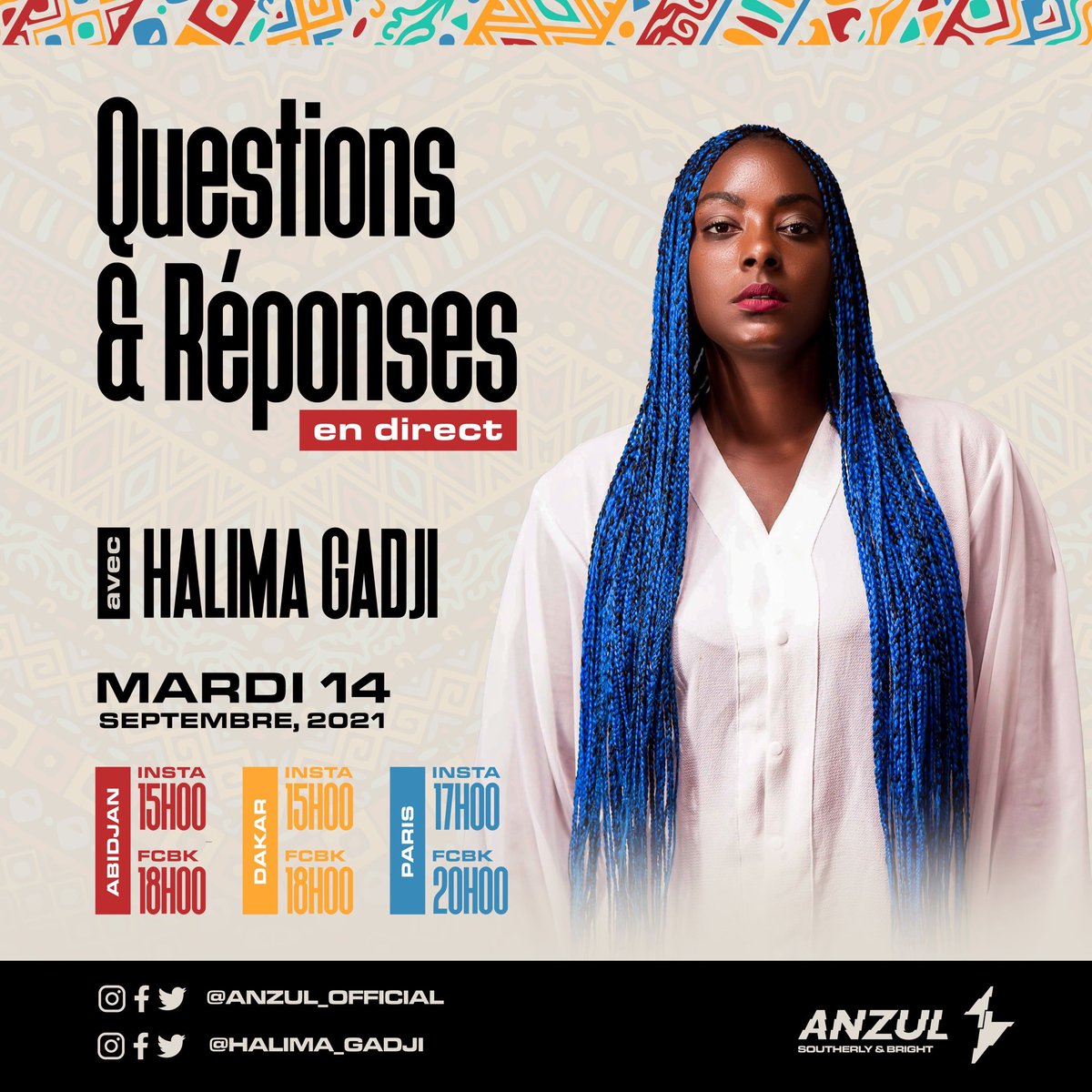 15h GMT, ne ratez surtout pas le direct avec Halima! Elle répondra a vos questions et vos avis sur la nouvelle production, Tone & Trait EP1 ! CLICK LE LIEN EN BIO ET RDV A 15H ! ICI: @anzul_official Guest @halima_gadji #dakar #senegal #abidjan #cotedivoire #paris #france