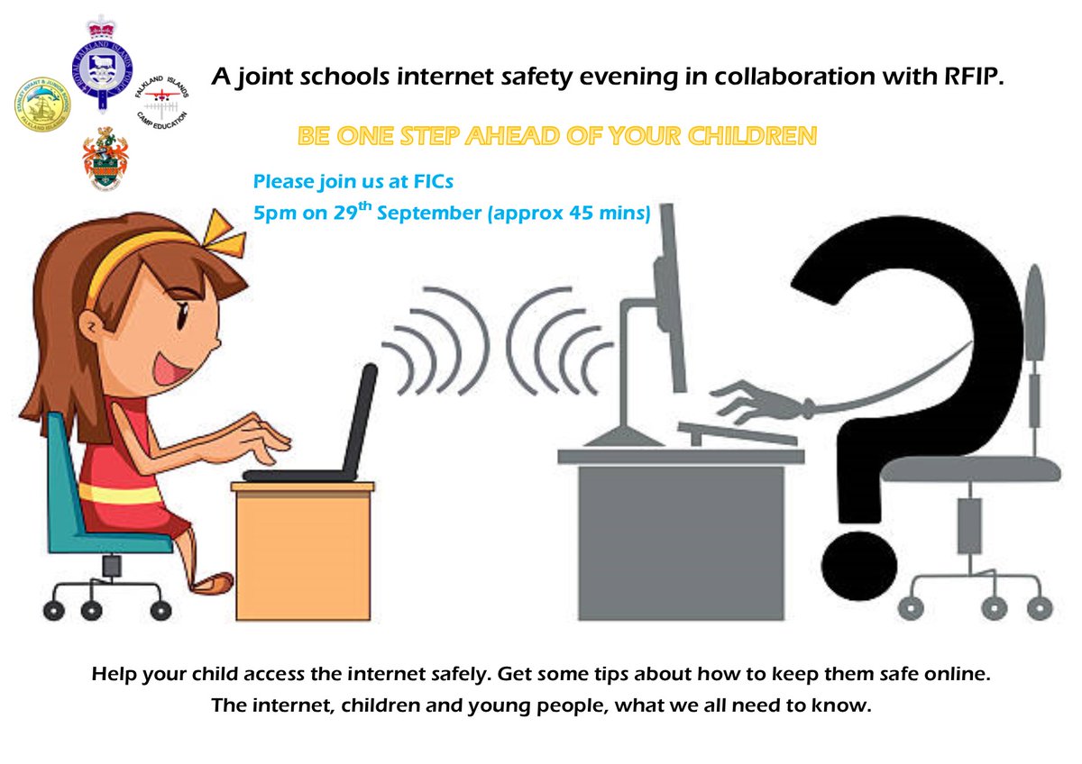 On Wednesday 29th September, RFIP, IJS&CE and FICS, will be holding an Internet Safety evening for all Parents and Carers. Please do come along and join us at 5pm. 
#royalfalklandislandspolice #falklandislandsschools #internetsafety #beonestepahead