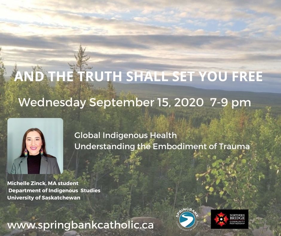 SpringbankCFP's tweet photo. Join us  tomorrow September 15 @7pm  for our next session in our Truth and Reconciliation speaker series - Michelle Zinck from the University of Saskatchewan will be speaking on Global Indigenous Health: Understanding the Embodiment of Trauma
Register https://t.co/UuWvSt13zZ https://t.co/XAUssjjvSo