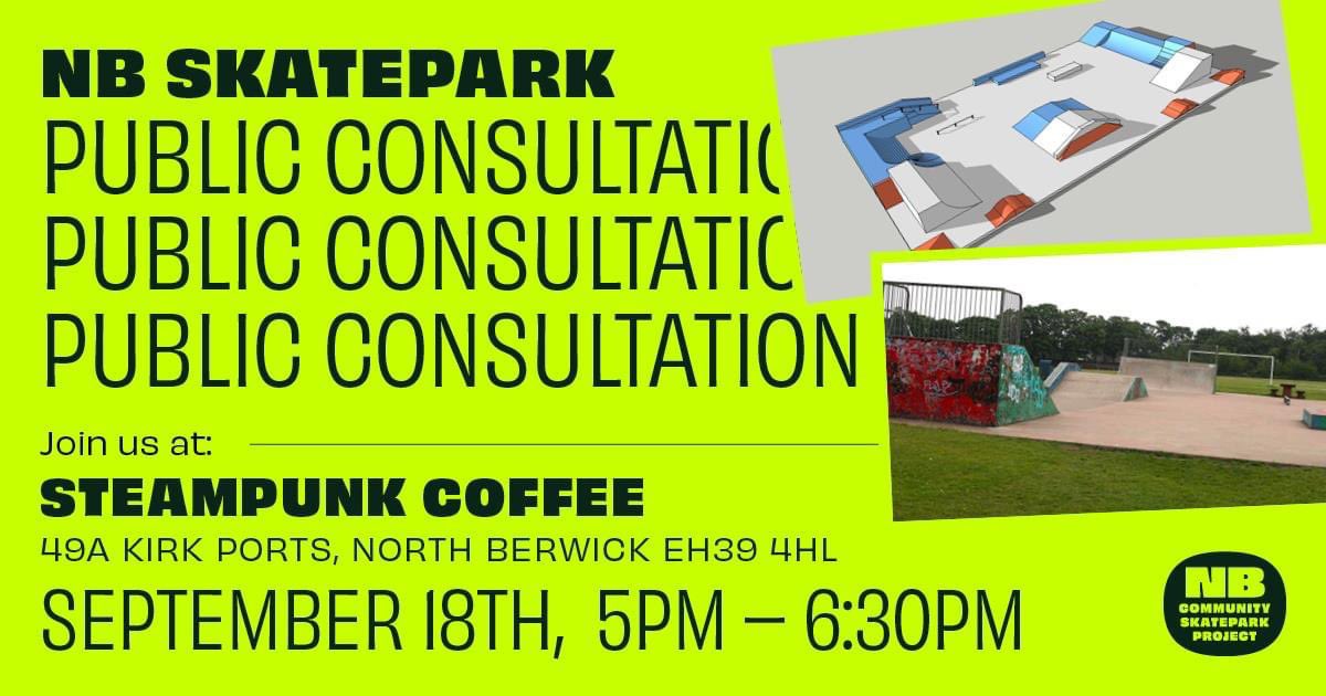 NB Community Skatepark are holding a public consultation this Saturday @ @SteampunkCoffee. Please show your support by going along and having your say on improvements and to find out more about the exciting project!