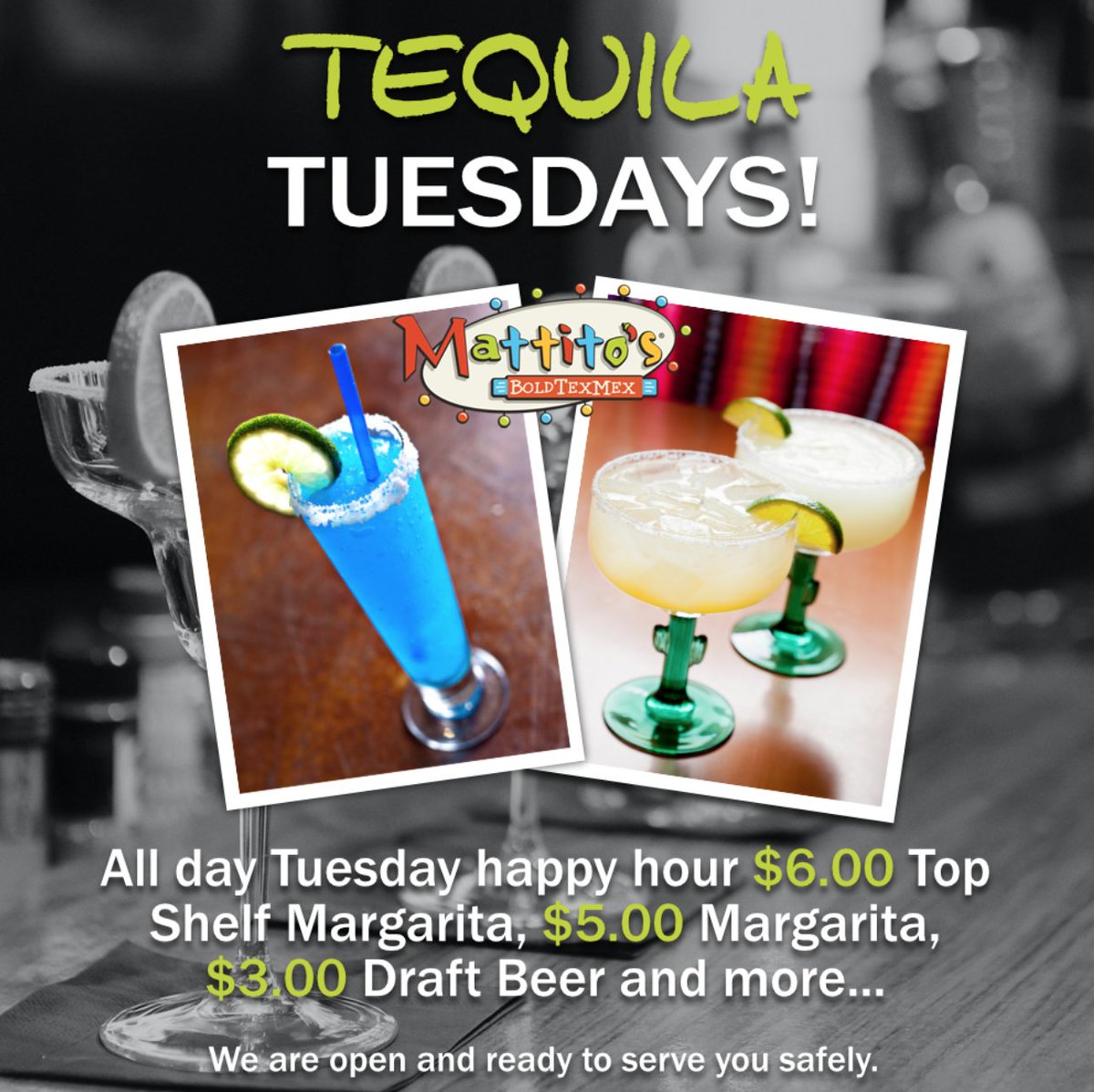 Every Tuesday is all day happy hour at Mattito's.  
Come in for a cool margarita or beer and enjoy our award winning Tex-Mex!
mattitos.com/happy-hour/