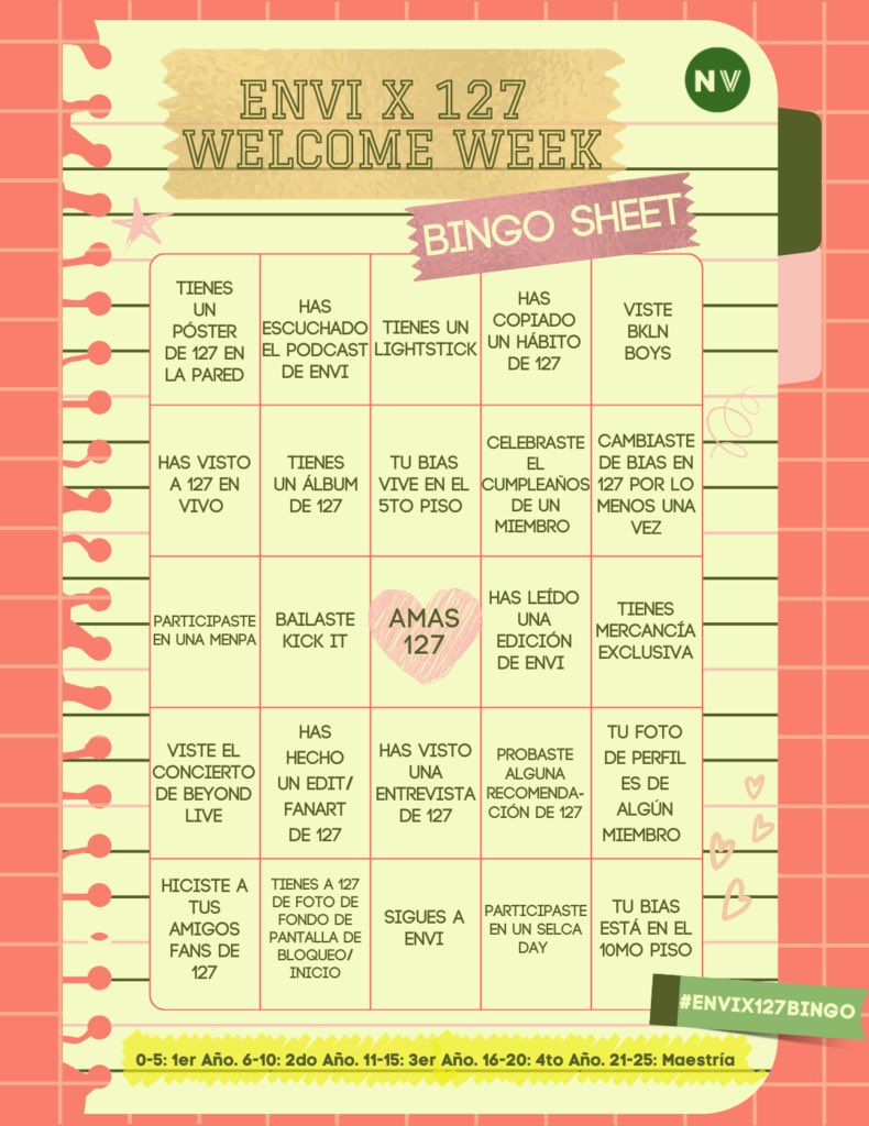 envimediaco_es's tweet photo. 🧩 ¡Es hora de una actividad de clase! Llena nuestra hoja de Bingo de la Semana de Bienvenida, etiquétanos y usa el hashtag #EnVixNCT127Bingo para compartir tus resultados. No se preocupen, este no es el examen final. 😉 https://t.co/SZz8FjkjFc