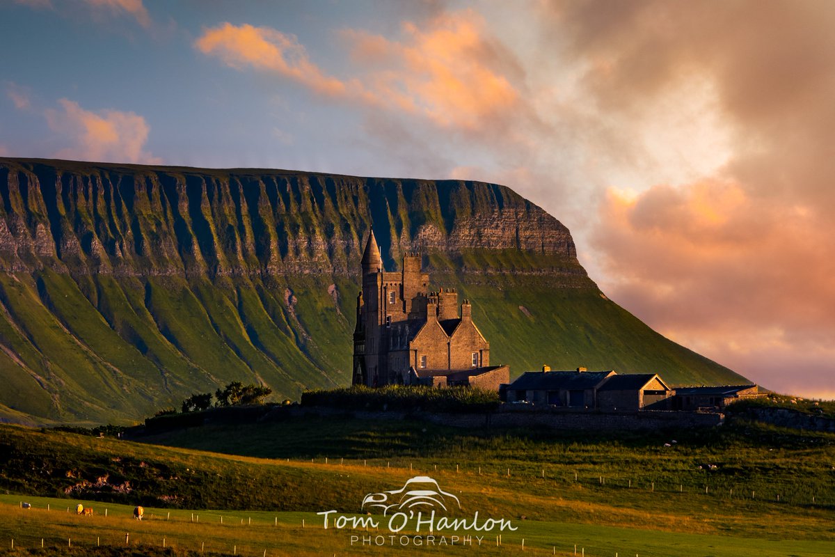 Classiebawn Castle, Mullaghmore, Co. SLIGO. Captured using a very long telephoto lens which helps compress the background and make it appear closer than it actually is. I am shooting from about 2km away from Classiebawn, with Benbulben a further 10 km away.
