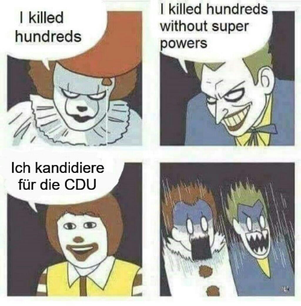 81% finden Clowns gruselig.
Umfrage-Wert der CDU: 19%
🤔🤔🤔🤔 
#ClownsDerUnion