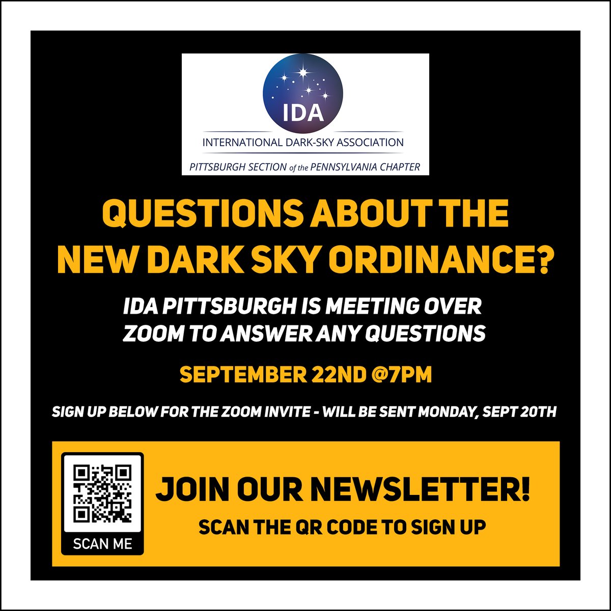IdaPittsburgh's tweet photo. Want to talk and discuss the new dark sky ordinance that was passed? Stop by the IDA Pittsburgh meeting on Sept 22nd at 7pm! Make sure to join our newsletter to receive the zoom link
#darksky #pittsburgh #lightpollution #IDA https://t.co/5FRqiKQVYM