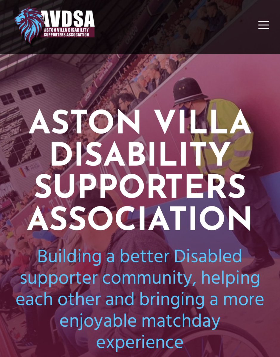 Villa & Proud (@villaandproud) on Twitter photo 🄿🄻🄴🄰🅂🄴 🄵🄾🄻🄻🄾🅆 👇
♿️‘Aston Villa Disability Supporters Association’
💜Making Villa Park accessible and welcoming to all visible and invisible disabilities that #AVFC fans and away fans face. 👏
👉 <a href="/Avdsa82/">Aston Villa disabled supporters Association</a>
👉 avdsa.co.uk
#BeVillaProud #UTV 🄿🄻🄴🄰🅂🄴 🄵🄾🄻🄻🄾🅆 👇
♿️‘Aston Villa Disability Supporters Association’
💜Making Villa Park accessible and welcoming to all visible and invisible disabilities that #AVFC fans and away fans face. 👏
👉 <a href="/Avdsa82/">Aston Villa disabled supporters Association</a>
👉 avdsa.co.uk
#BeVillaProud #UTV