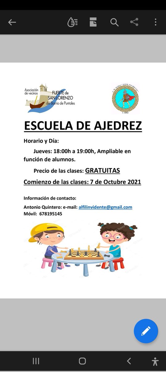 Clubajedrezalf1's tweet photo. El día 7 de octubre comienza la escuela de ajedrez del club alfil invidente. En la Asociación de Vecinos del Fuerte de San Lorenzo del barrio de puntales en Cádiz. https://t.co/NdQ5zwRXsc