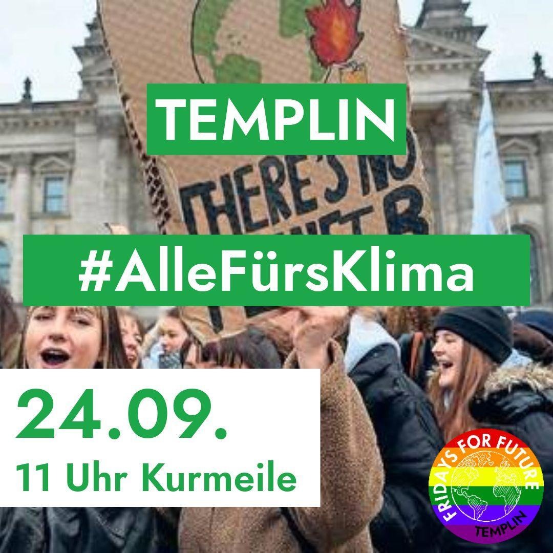 In 10 Tagen -24.09.- geht's wieder auf die Straßen💥 In #Templin und auf der ganzen Welt. 
Vor der Wahl nochmal Druck machen für gerechte und konsequente Klimapolitik. Für unsere Zukunft!
ALLE FÜRS KLIMA. 
Groß wirds nur mit Euch, darum sagt es allen Leuten - Streik am 24.09!