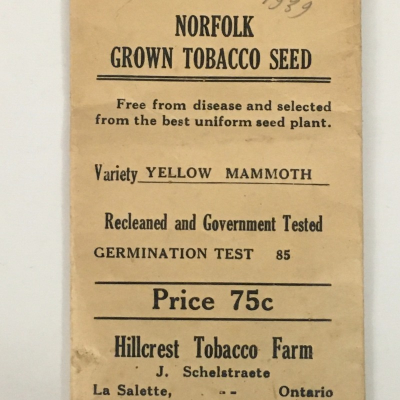 Packages of tobacco seed with some interesting names. The variety names shown are “Yellow Mammoth”, “Gold Dollar” and “Virginia 115”.