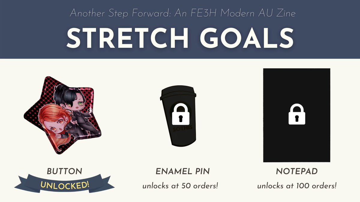 We've reached our first stretch goal! 🥳 Extra merch—a beautiful Hubert and Ferdinand button by @bunneshi—is now unlocked!