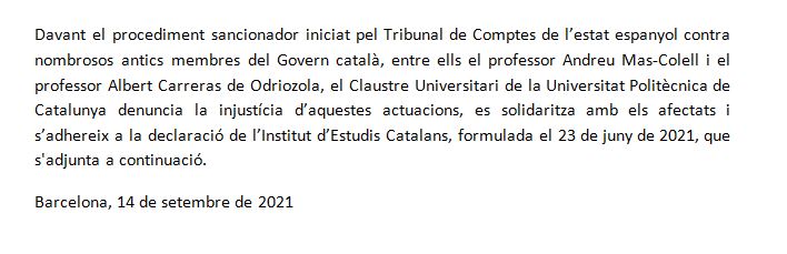 Re_PublicaUPC's tweet photo. (1/3) Avui el Claustre Universitar de @la_UPC ha aprovat la primera moció presentada per la nostra candidatura:

-Denunciem la injustícia que suposa el procediment sancionador del Tribunal de Cuentas a antics membres del Govern català. https://t.co/xJXCyTQByI